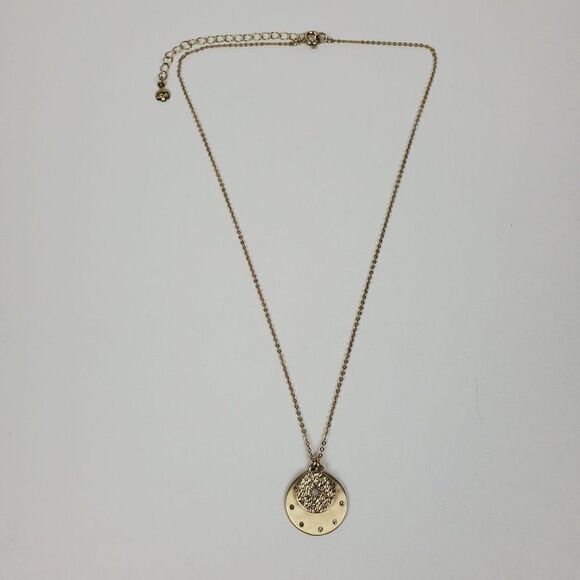 Loft Gold Tone Double Pendant Round Circle Crystal Rhinestone Pendant Necklace - Picture 3 of 13